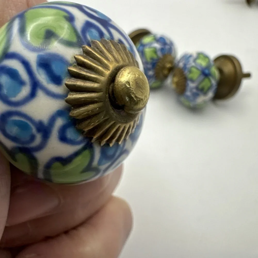 Vintage‎ Painted Porcelain And Brass Door Drawer Cabinet Knobs Pulls Hardware